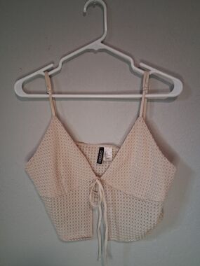 Divided Crochet Tie Front Crop Top Women’s L Beige Cream Festival Boho Cami